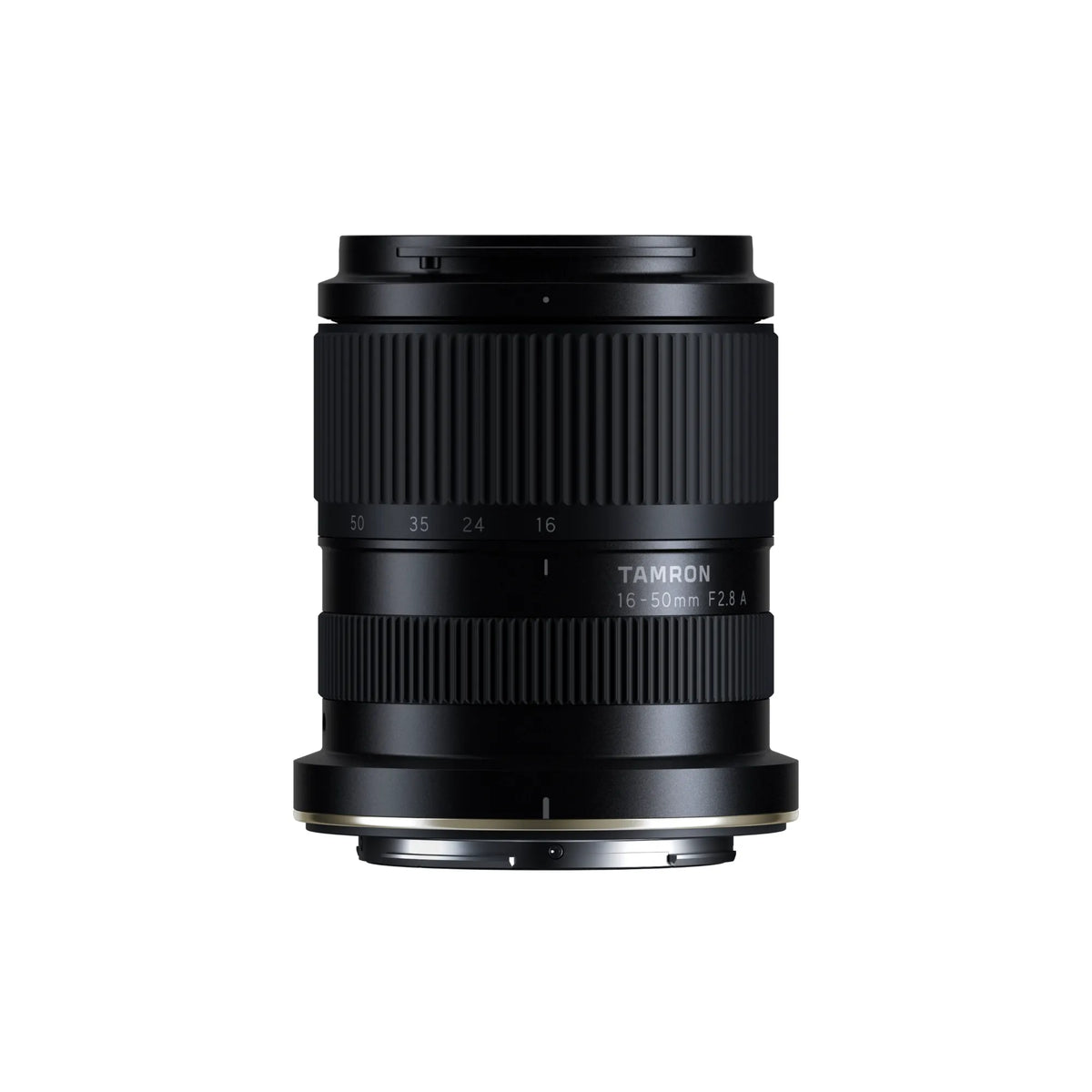 A black Tamron 16-50mm F2.8 A lens photographed from the front on a clean white background.
