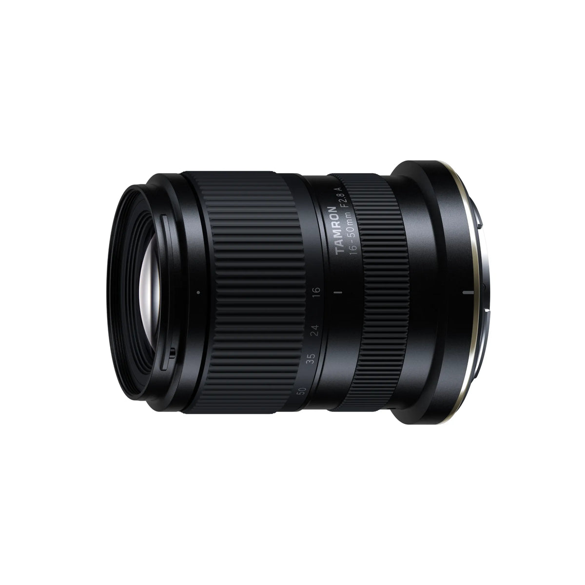 A black Tamron lens with white text detailing the focal range and aperture, shown from a three-quarters angle on a solid white background.