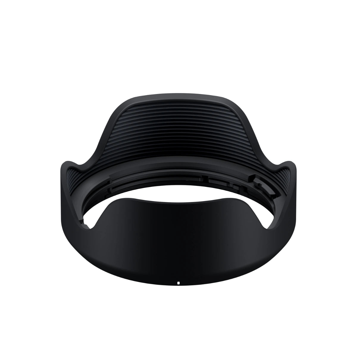 Black camera lens hood on a white background