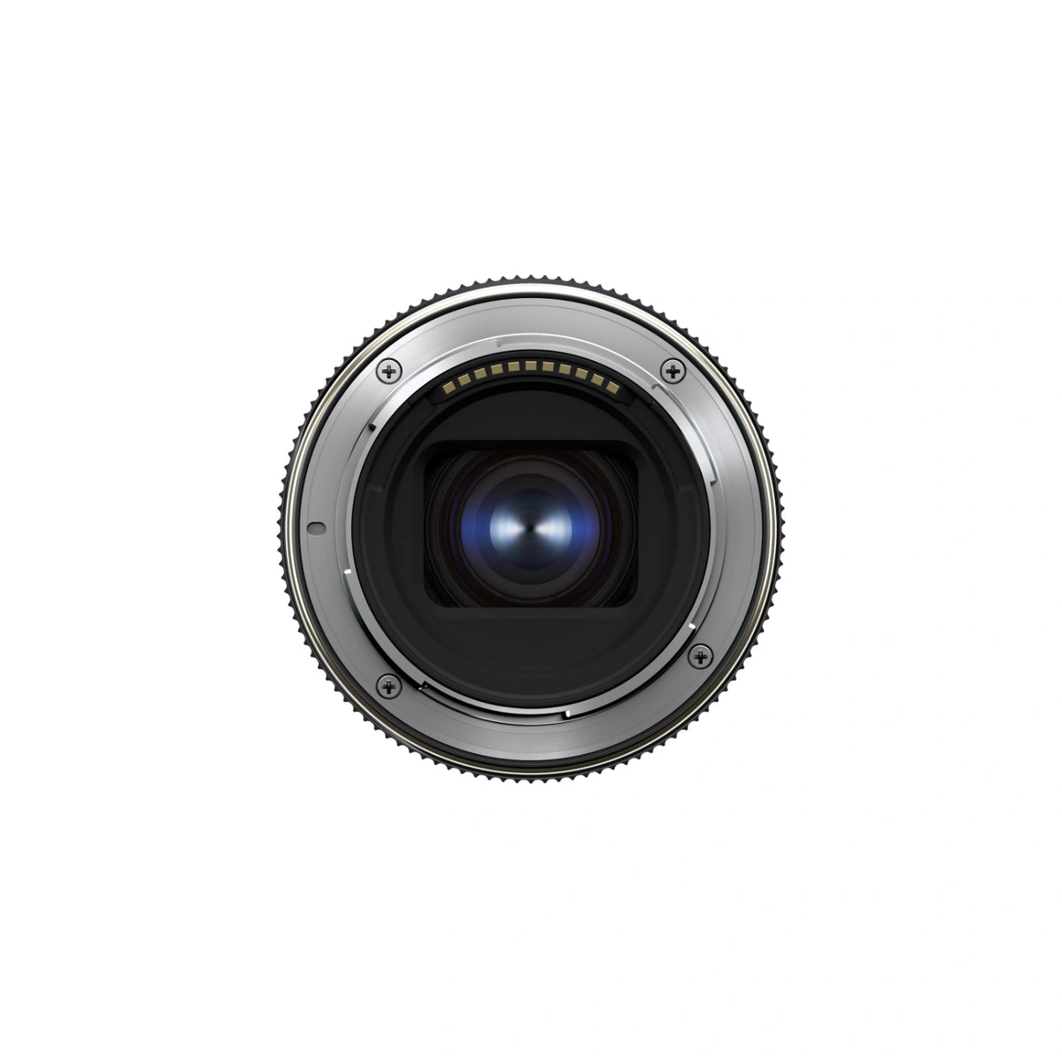 A close-up, top-down view of a camera lens mount or lens front element, showing a metallic silver outer ring, textured grip, and a dark glass lens center with blue reflections, isolated on a white background.