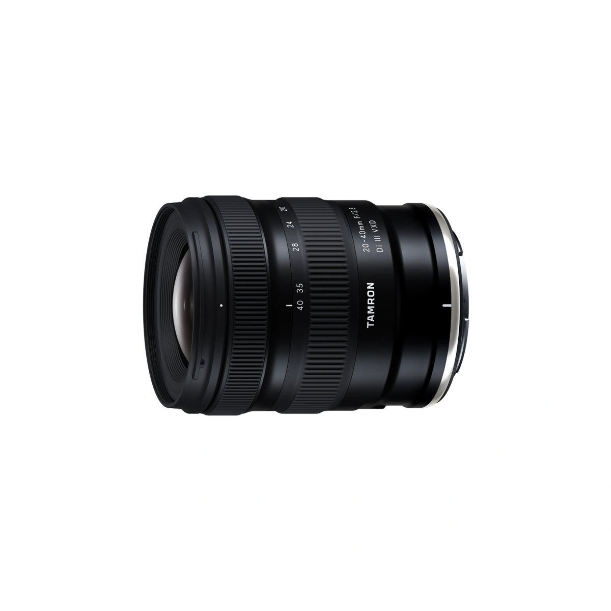 Tamron 20-40mm f/2.8 DI III VXD lens in black with white text markings, shown from a side profile on a solid white background.
