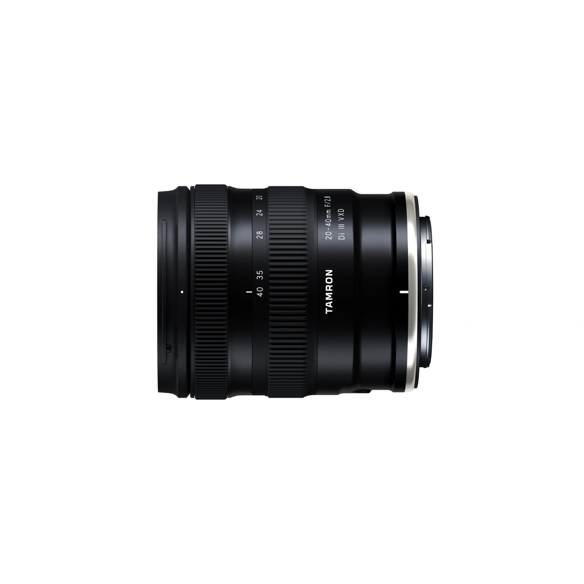 A Tamron 20-40mm f/2.8 Di III VXD camera lens in black with silver accents, shown from a side profile on a solid white background.