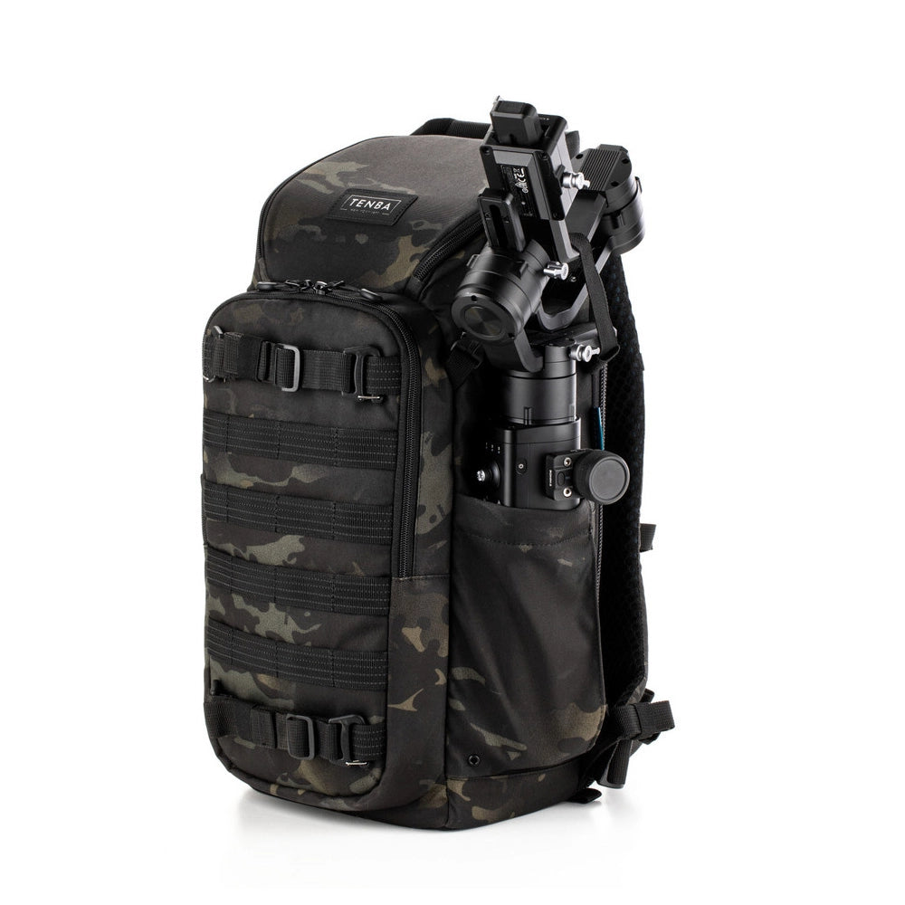 Tenba Axis v2 16L Backpack - MultiCam Black front angle with gimbal installed