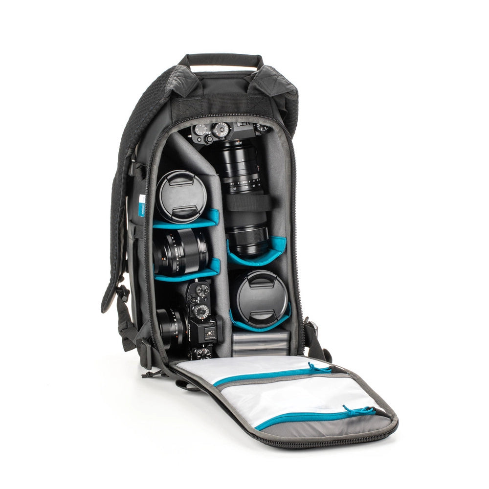Tenba Axis v2 16L Backpack - MultiCam Black back angle with lid open to main camera compartment