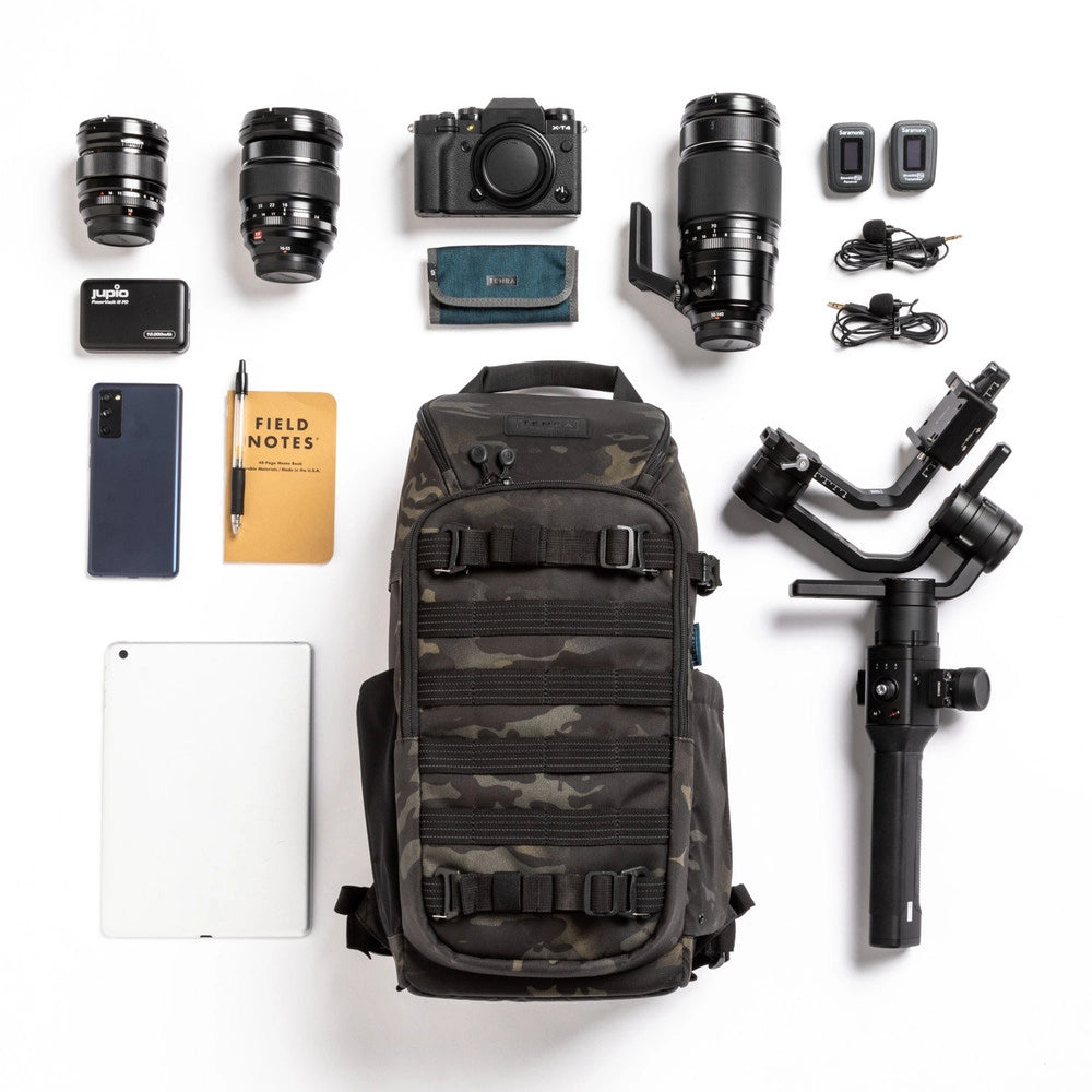 Tenba Axis v2 16L Backpack - MultiCam Black top angle with bag and misc accessories