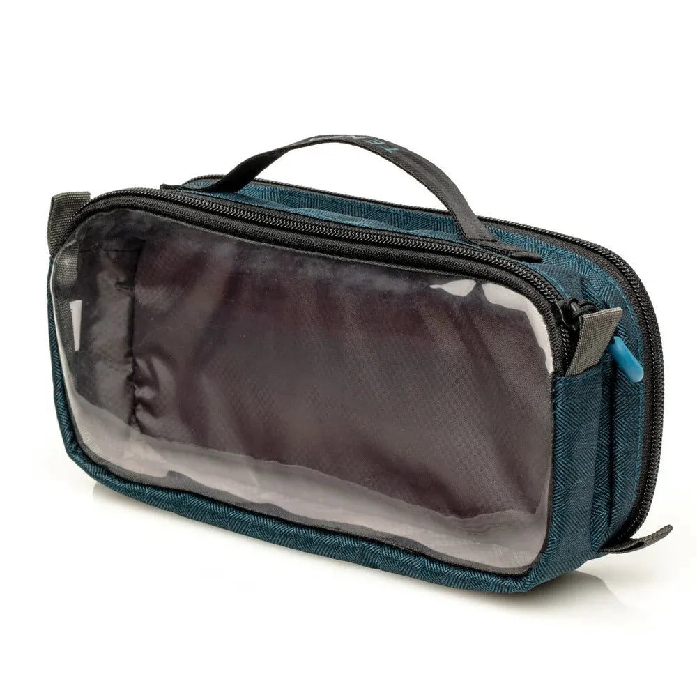 Blue toiletry bag with clear compartment on a white background