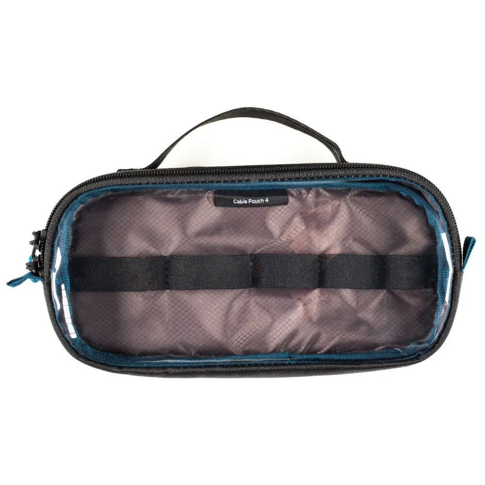 Black toiletry bag with blue accents on a white background