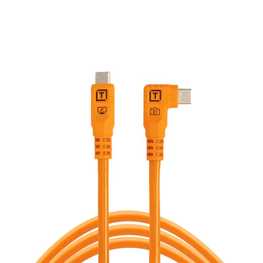 Orange cable with right-angle connector on a white background
