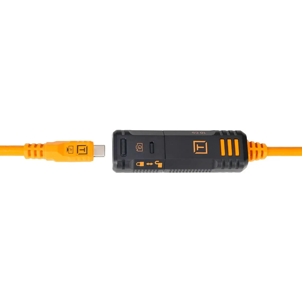 Black and orange cable tester on a white background