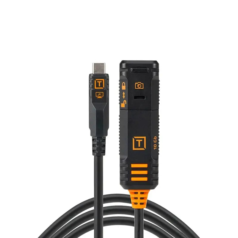 Black and orange cable with connectors on a white background