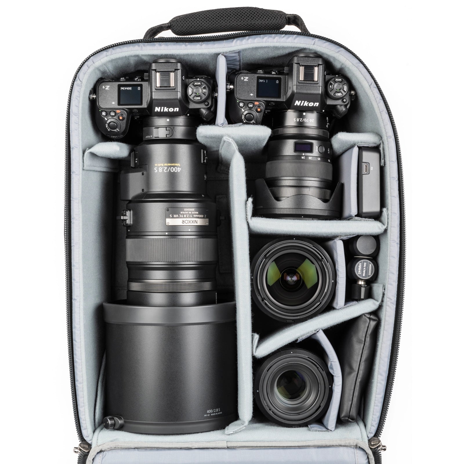 Think Tank Airport Advantage XT interior view with camera gear inside bag
