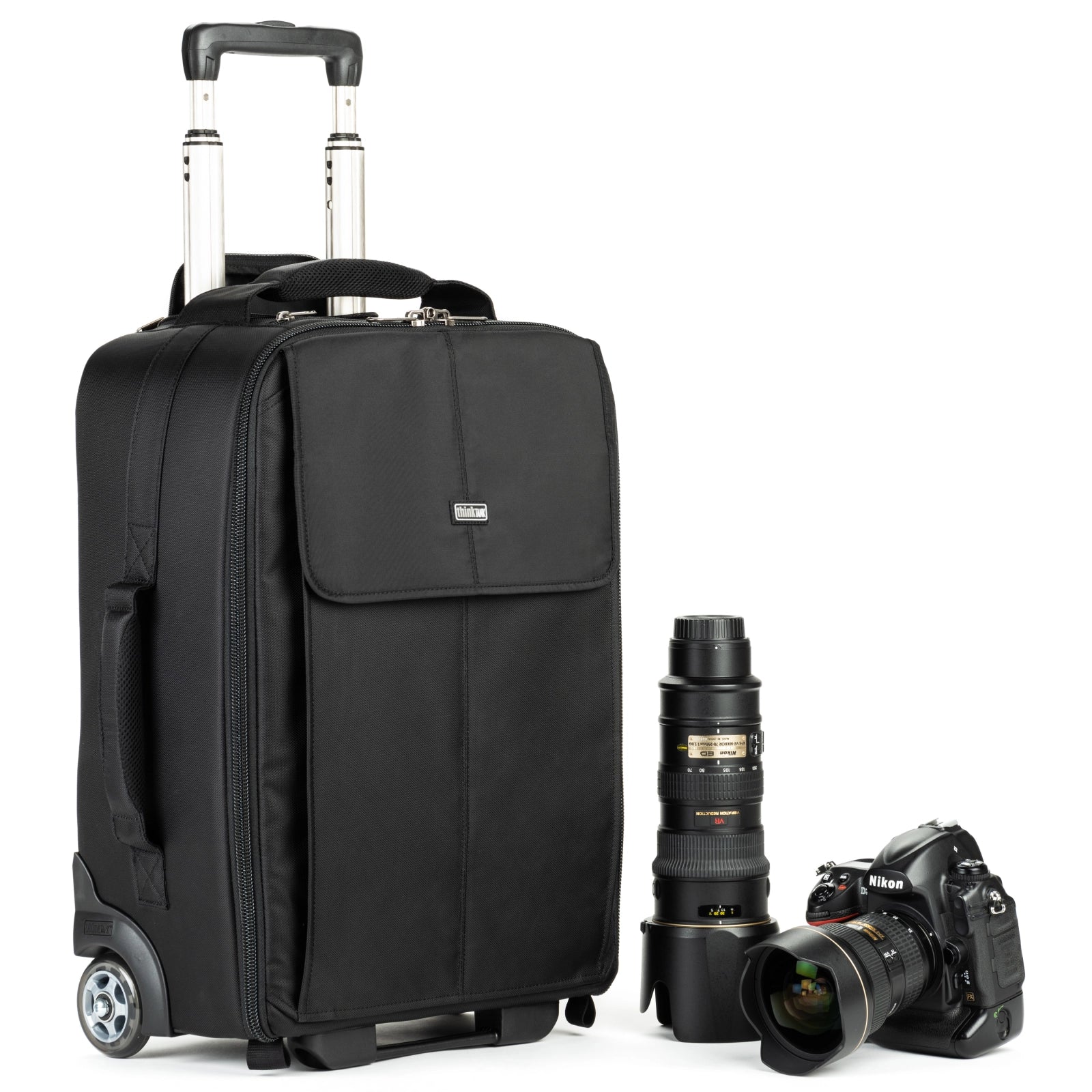 Think Tank Airport Advantage XT front angle with camera equipment beside