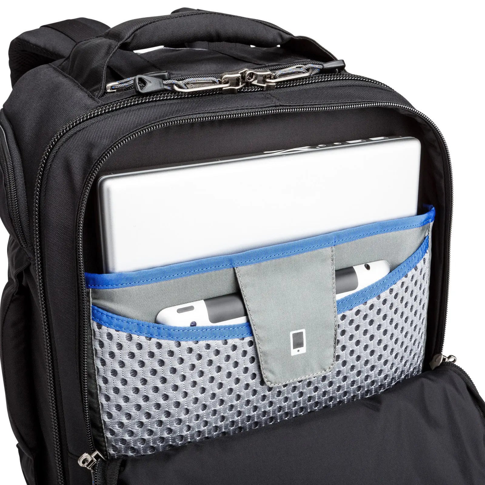 Black backpack with a laptop compartment featuring a blue zipper.