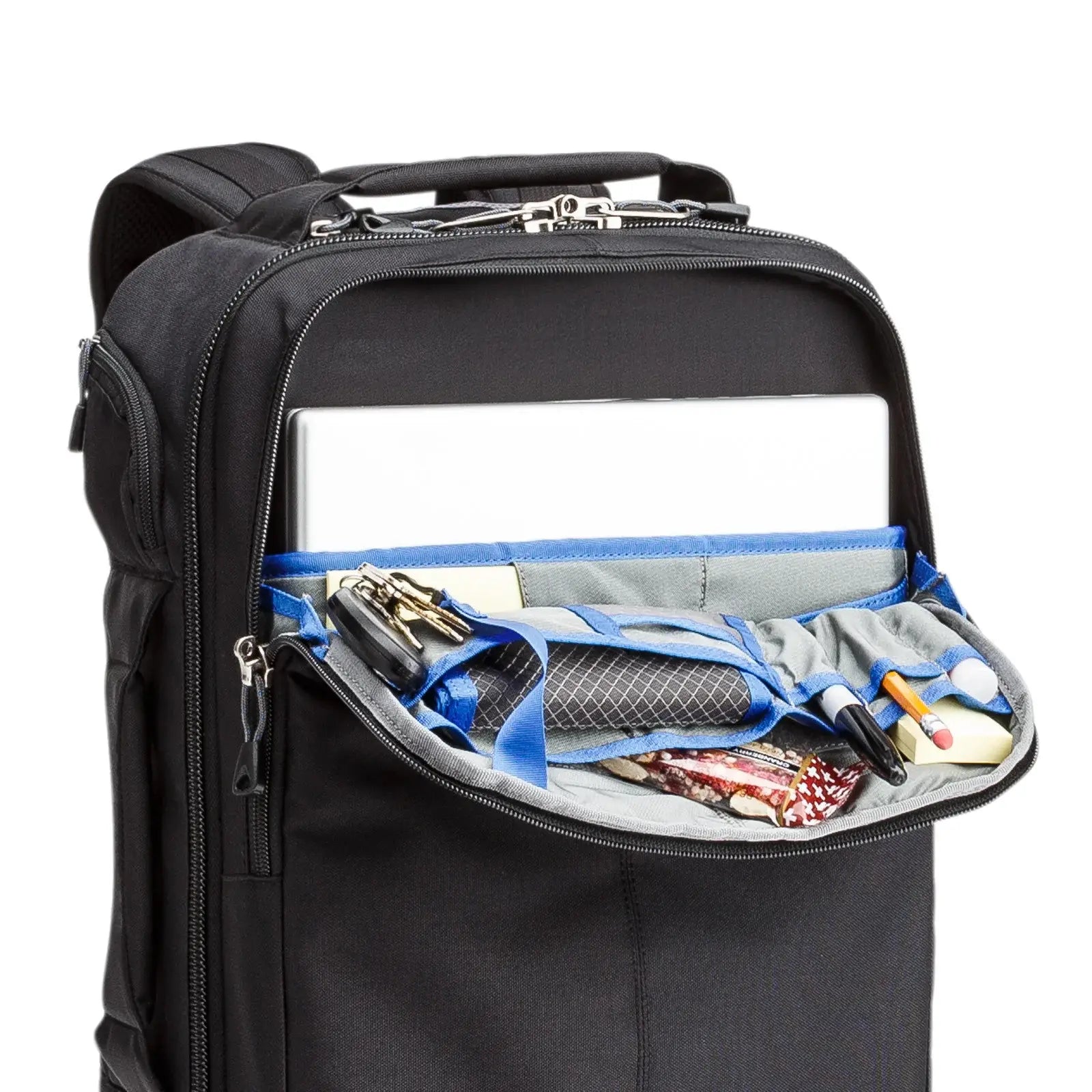 Black backpack with open compartment showing organized items on a white background