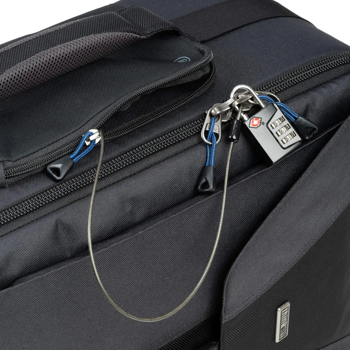 Black suitcase with a security lock attached