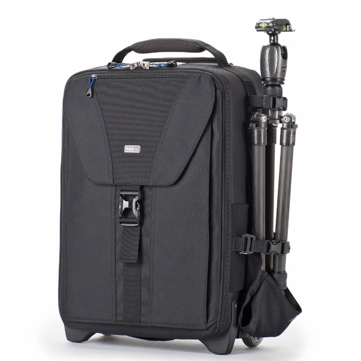 Black suitcase with wheels and a tripod attached on a white background