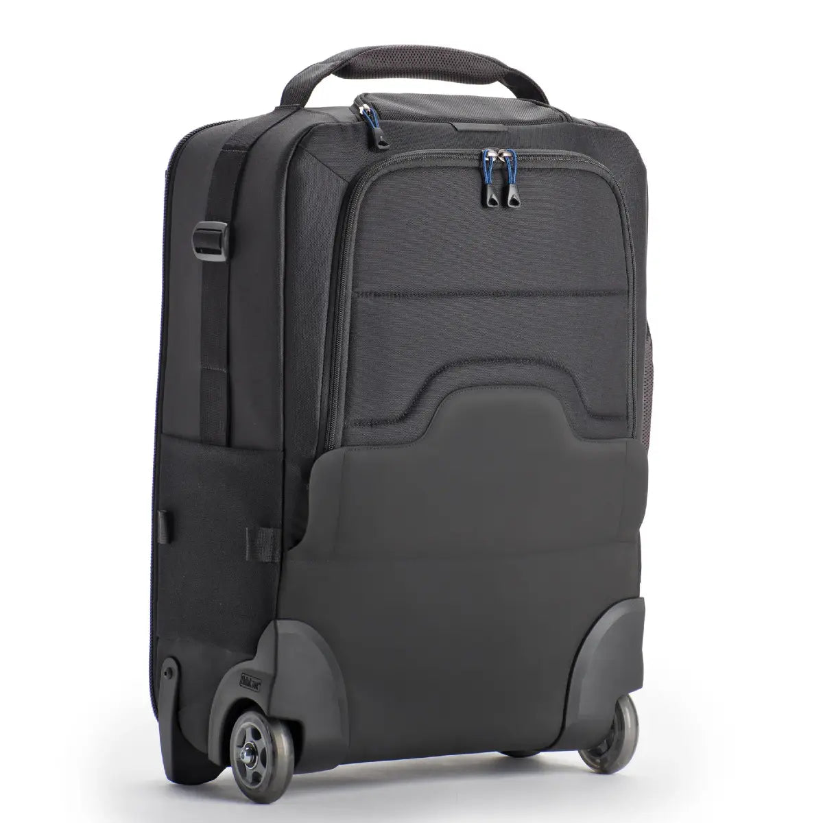 Black suitcase with wheels on a white background