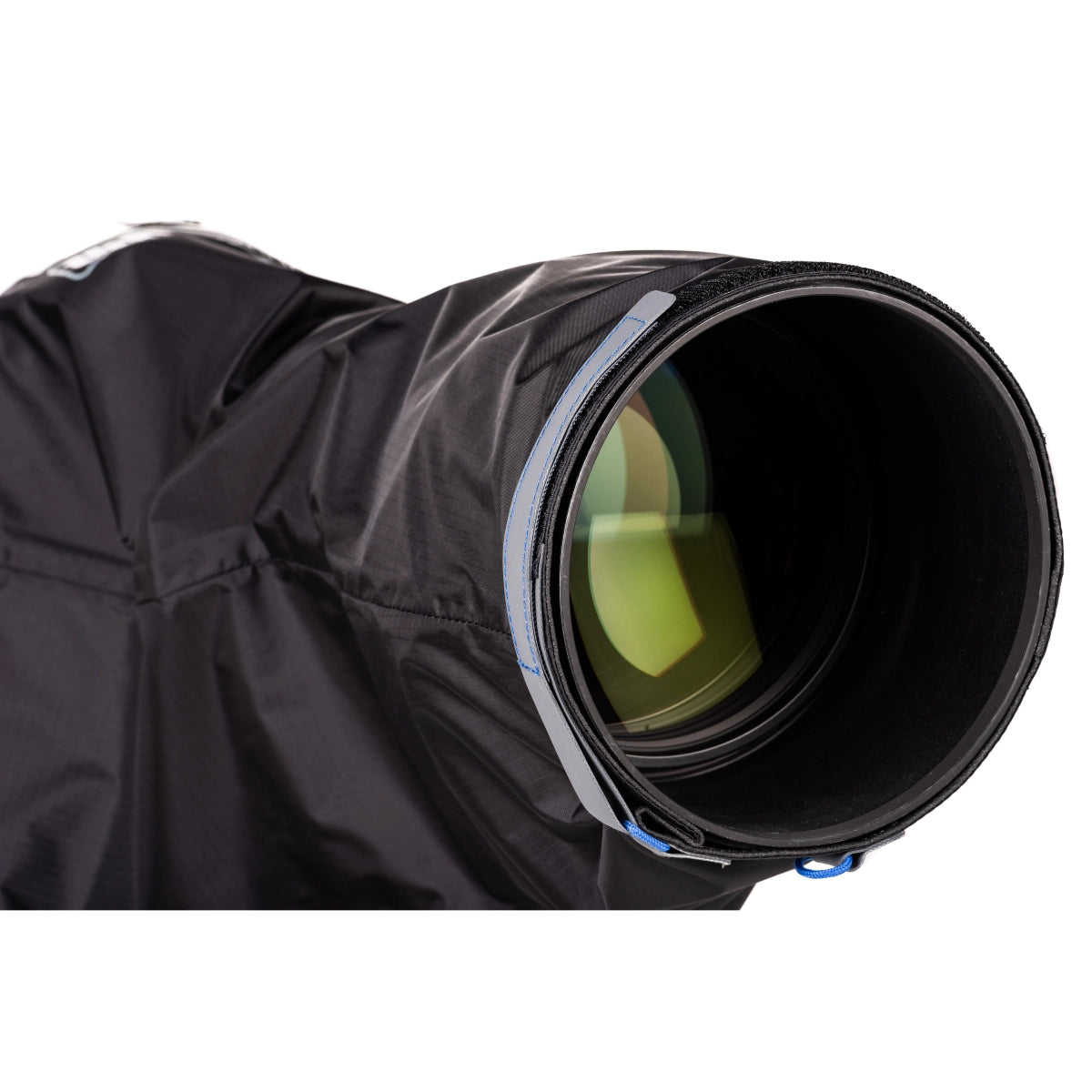 Think Tank Emergency Rain Cover Large close up of front lens element with cover installed