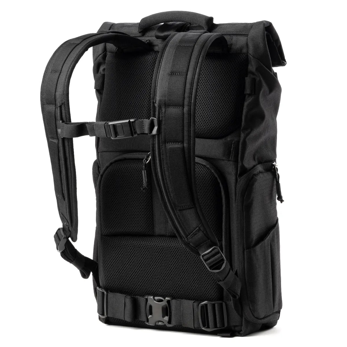 Black backpack with multiple compartments and straps on a white background