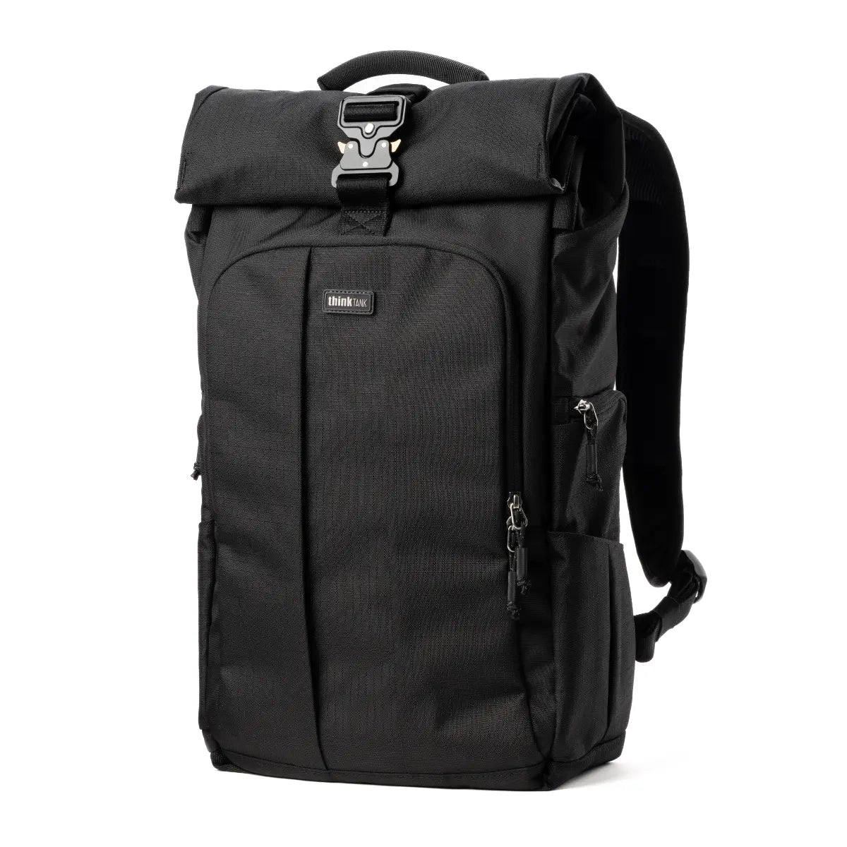 Black backpack with a visible brand logo on a white background