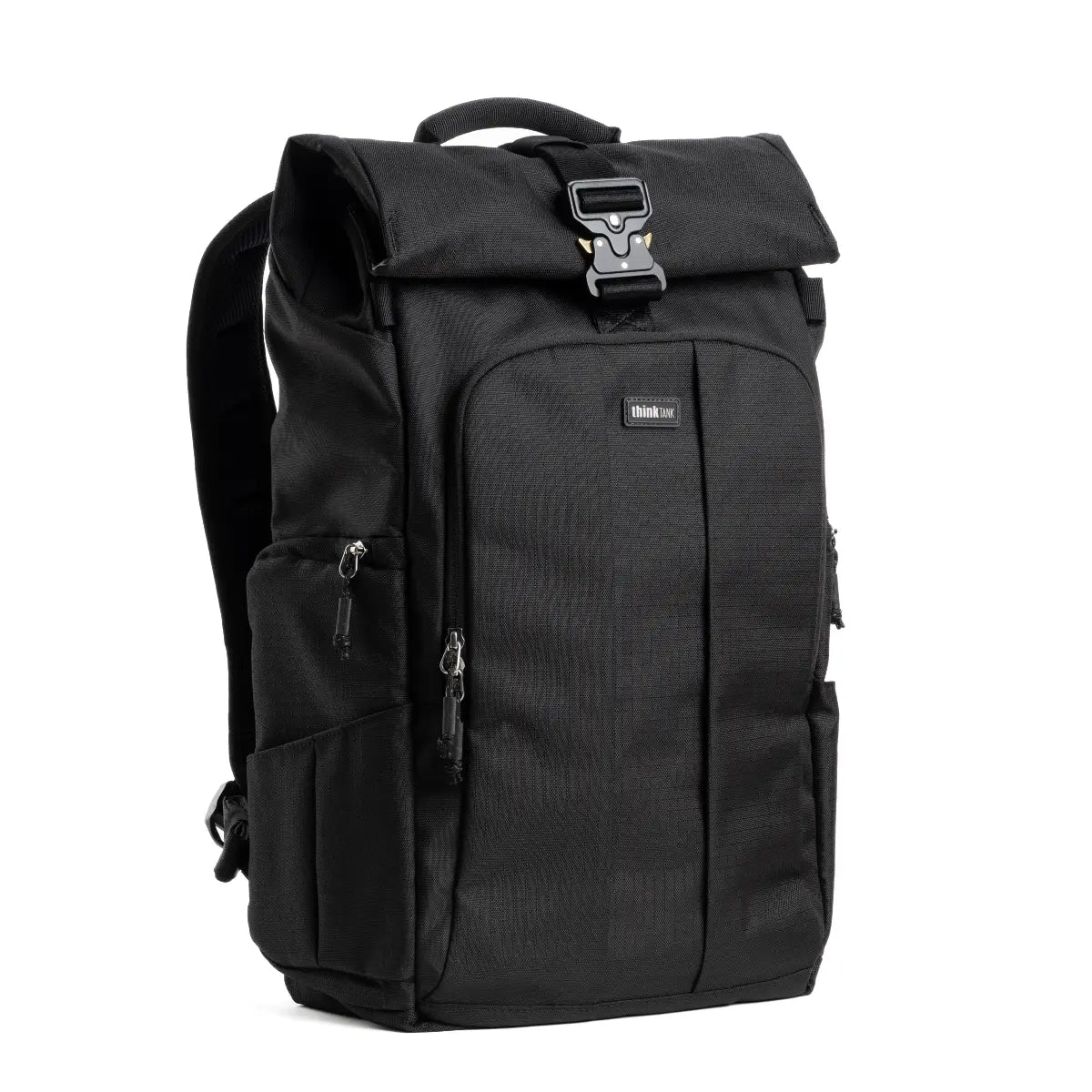 Black roll-top backpack on a white background