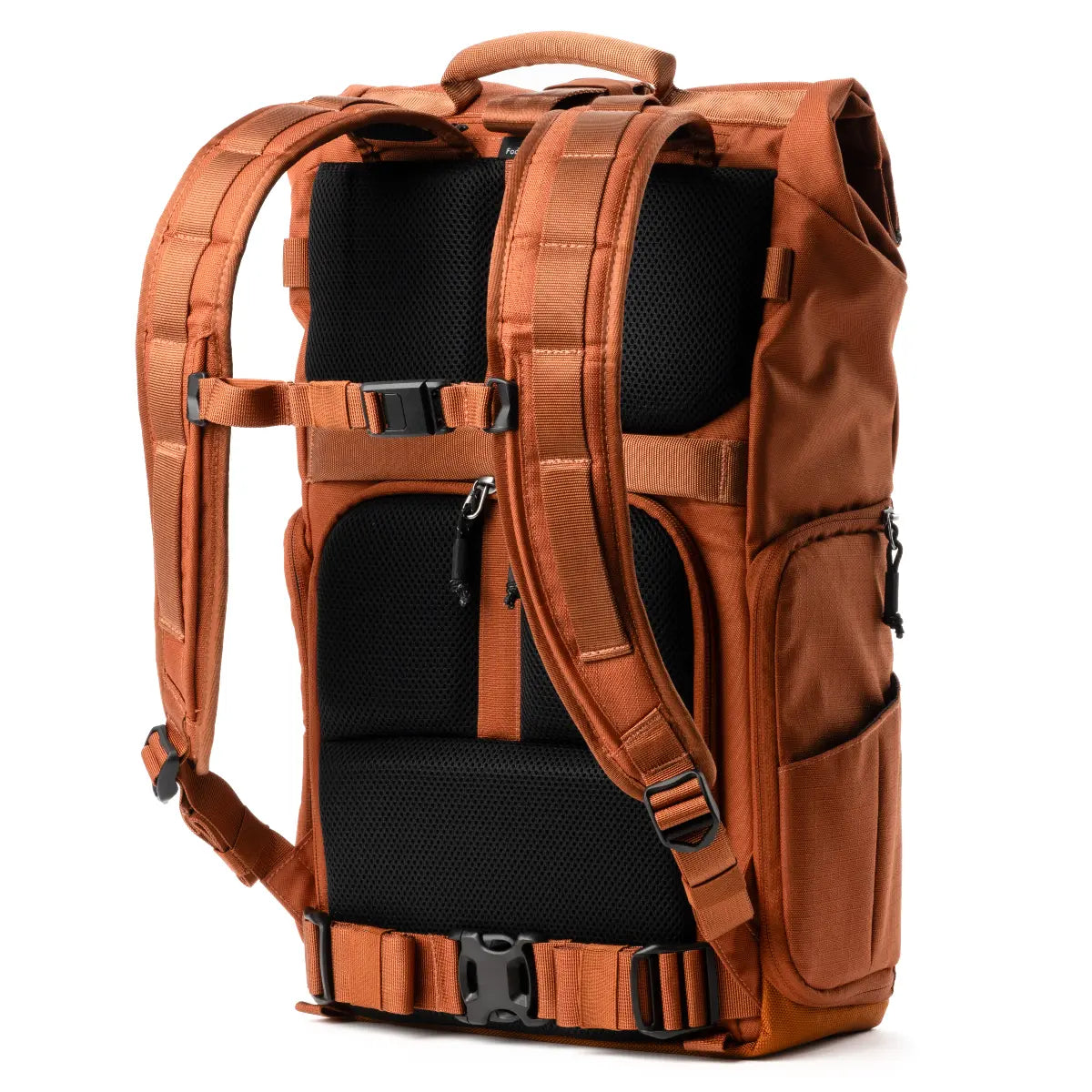 Brown backpack with multiple pockets and straps on a white background