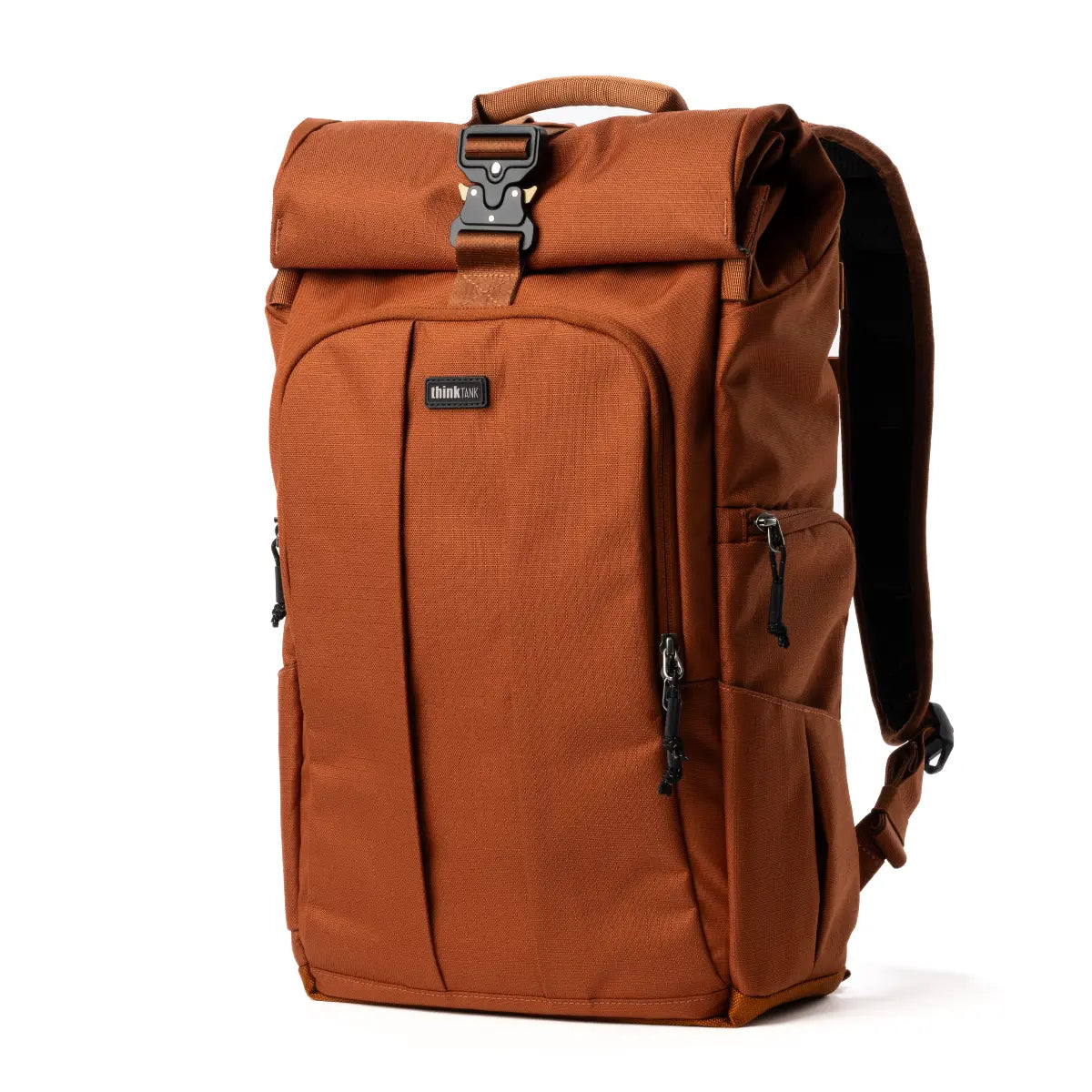 Brown backpack with a visible brand logo on a white background