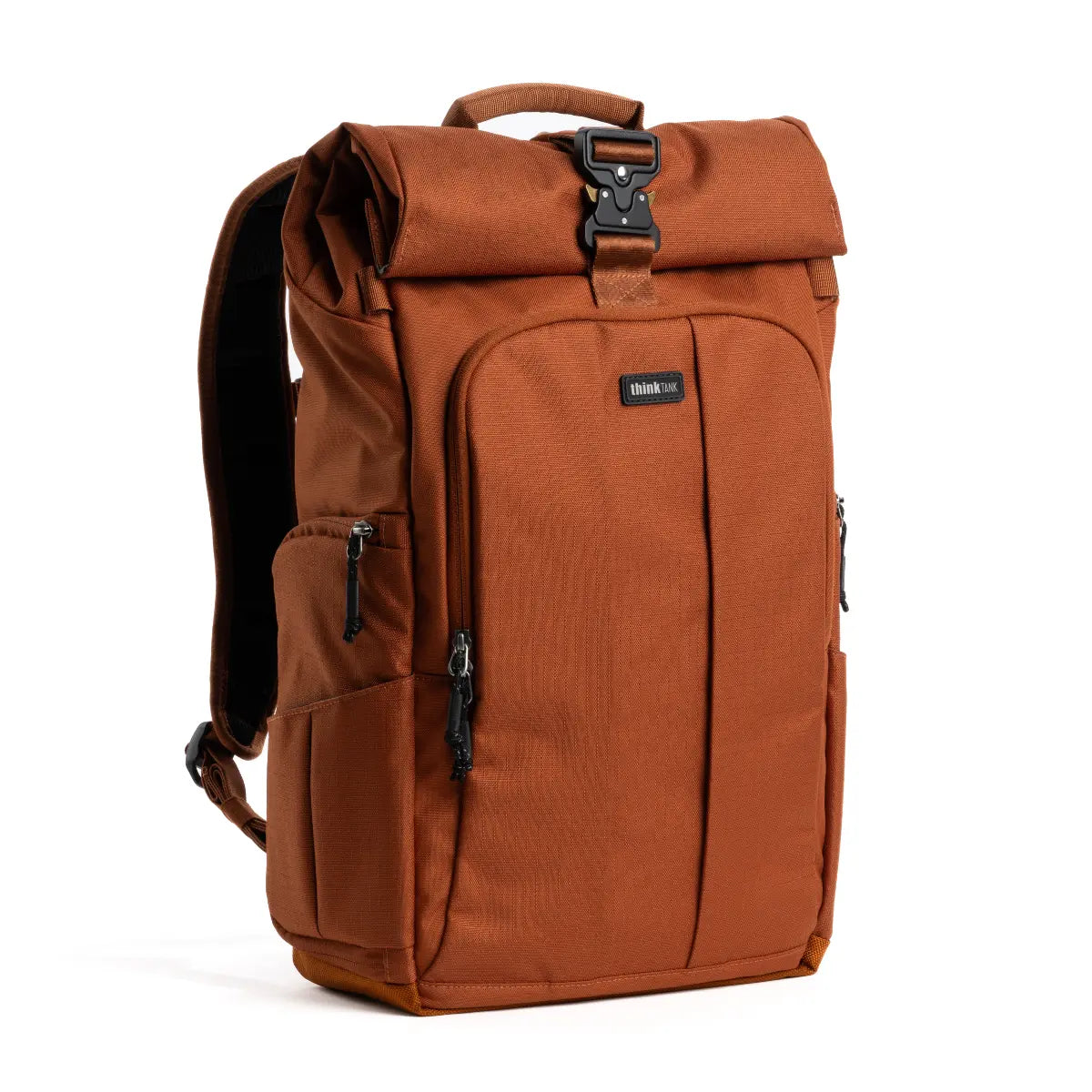 Brown backpack with a visible brand label on a white background