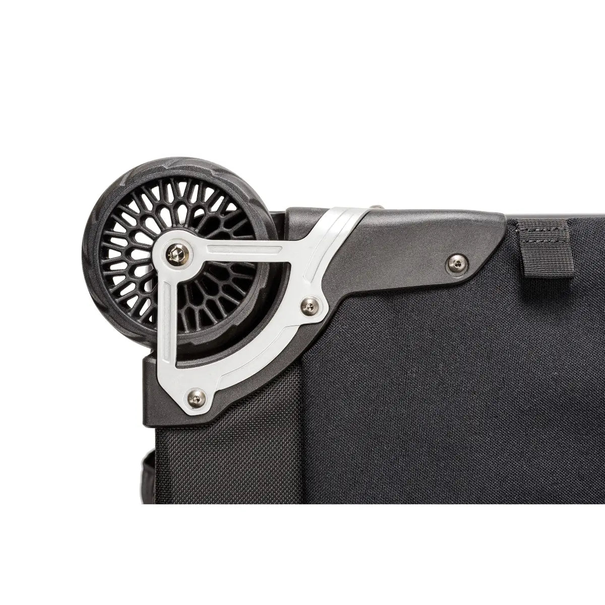Close-up of a black suitcase with a silver handle and wheel on a white background
