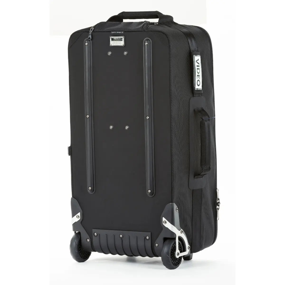 Black suitcase with wheels on a white background
