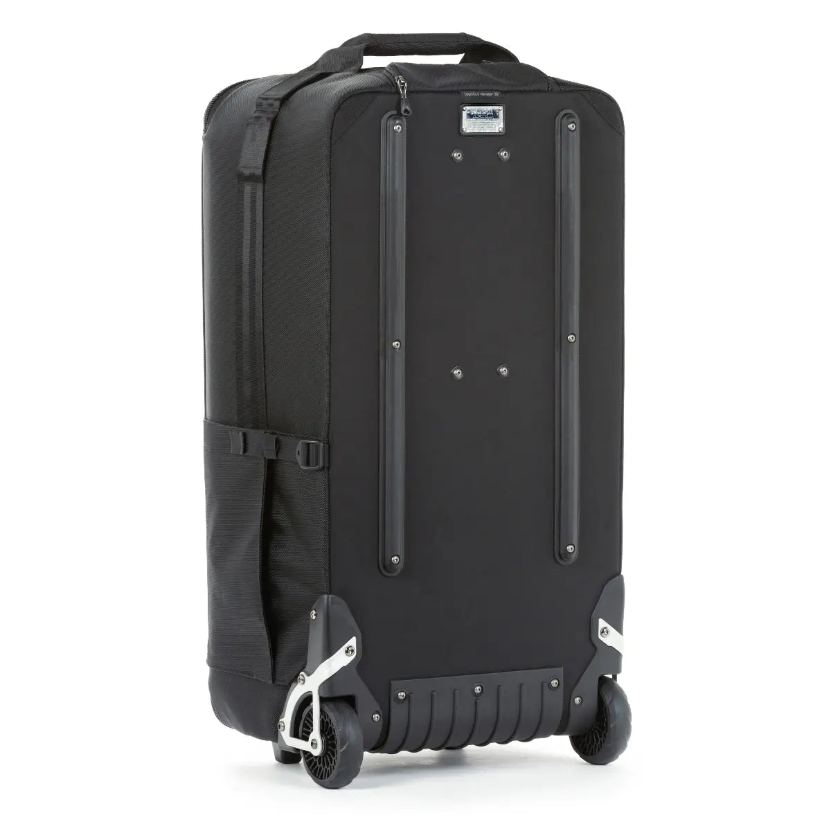 Black rolling suitcase on a white background