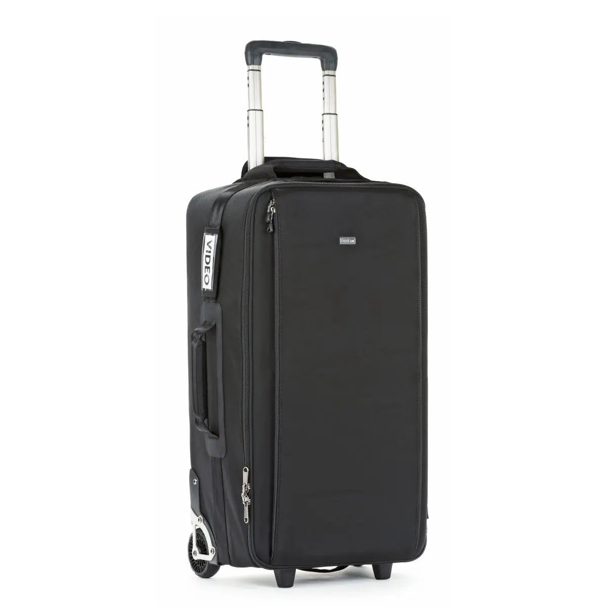 Black suitcase with wheels and handle on a white background