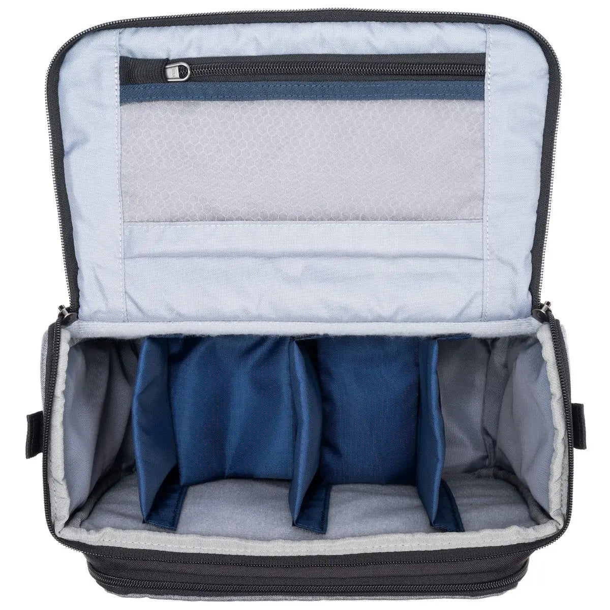 Open backpack with blue interior compartments on a white background