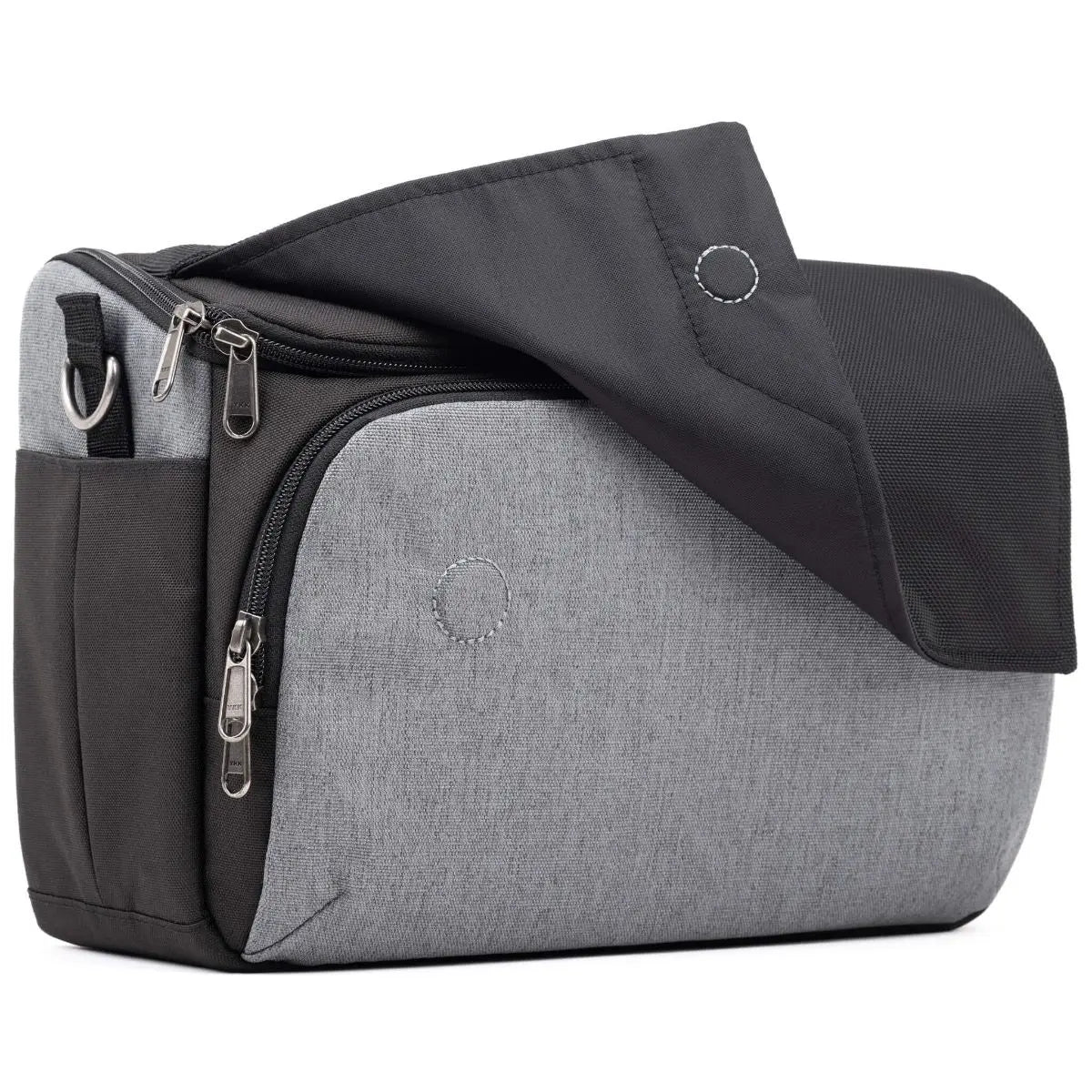 Gray and black bag with a visible brand logo on a white background