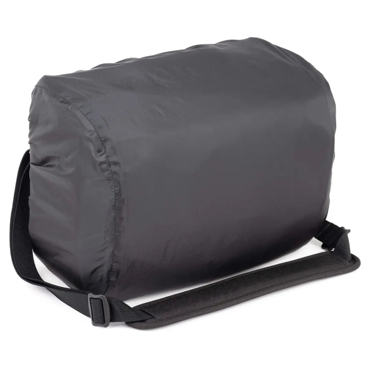 Black duffel bag with a strap on a white background
