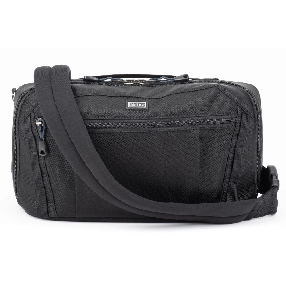 Think Tank PressPass 10 front angle with shoulder strap attached