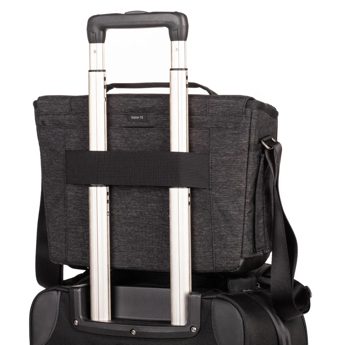 Black rolling suitcase with silver handle on a white background