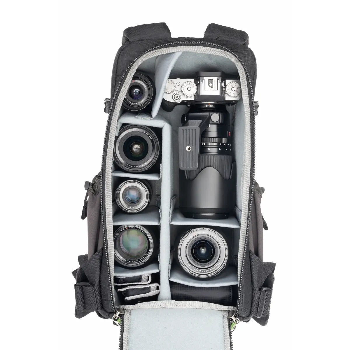 Camera backpack with compartments for camera equipment on a white background