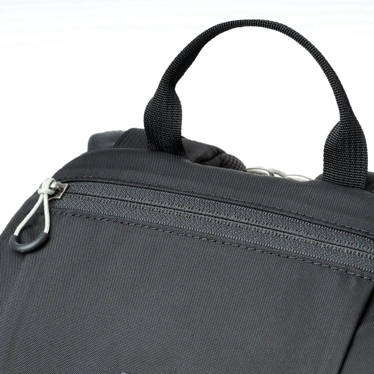 Close-up of a black backpack with a handle on a white background