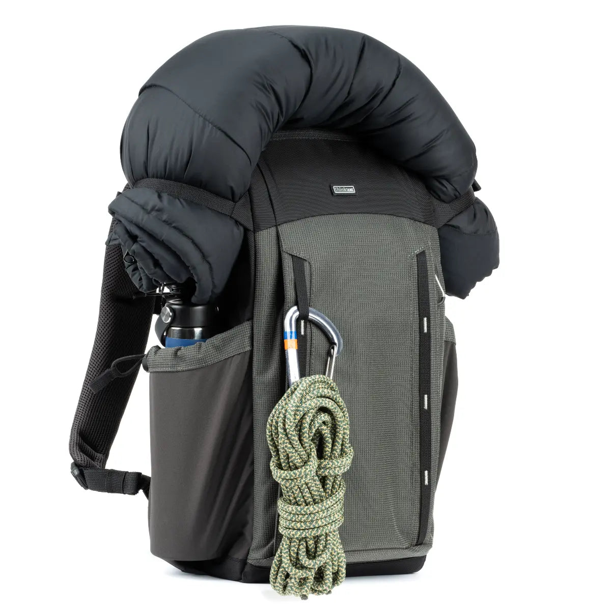 Gray backpack with climbing gear on a white background