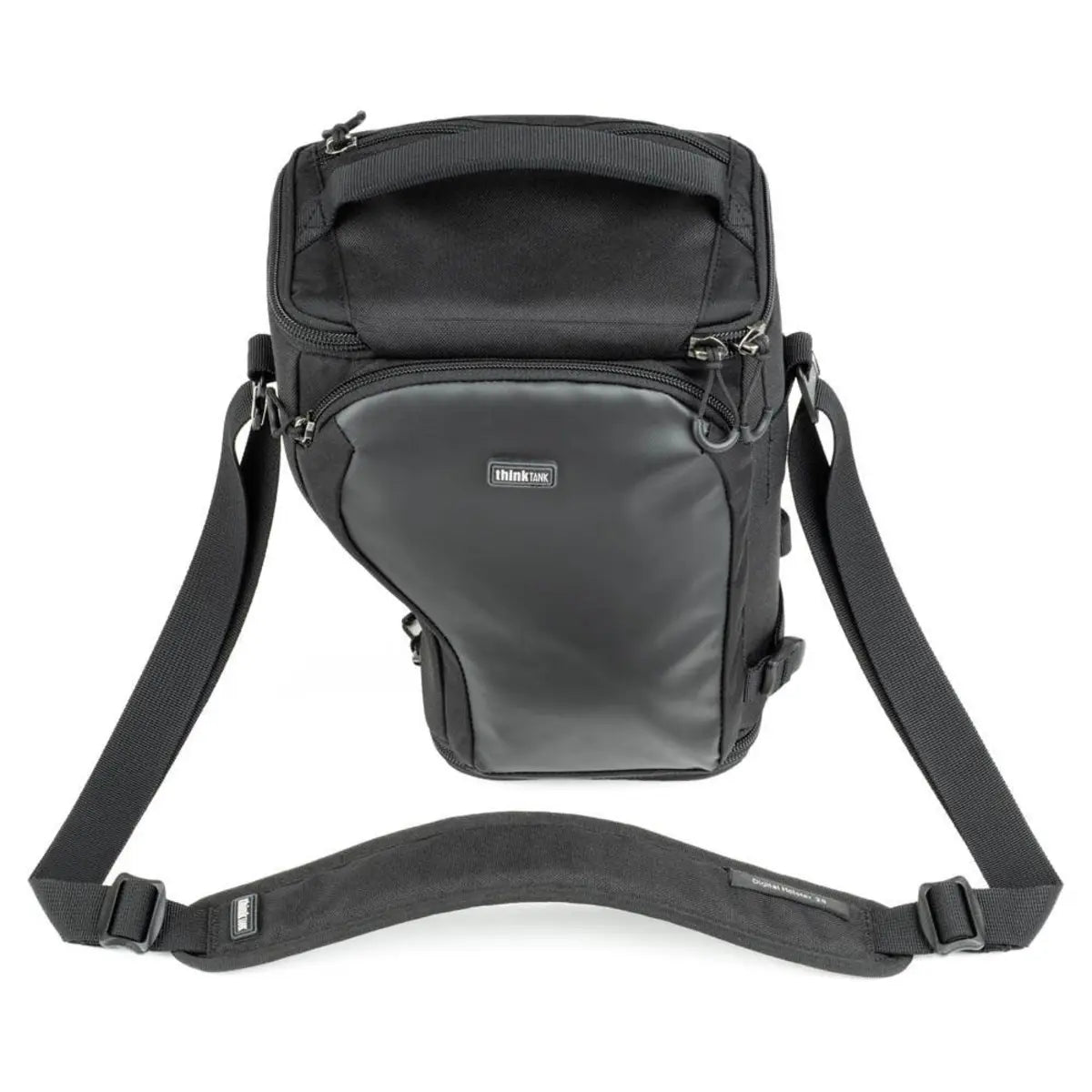 Black camera bag with a shoulder strap on a white background