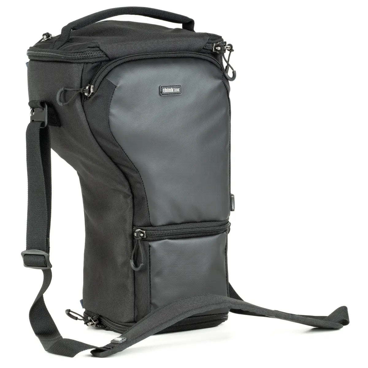 Black and gray backpack with multiple zippers on a white background