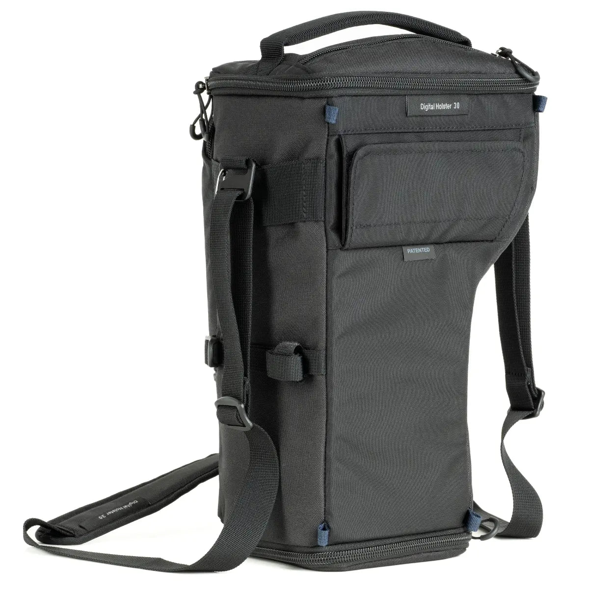 Black backpack with multiple compartments and straps on a white background