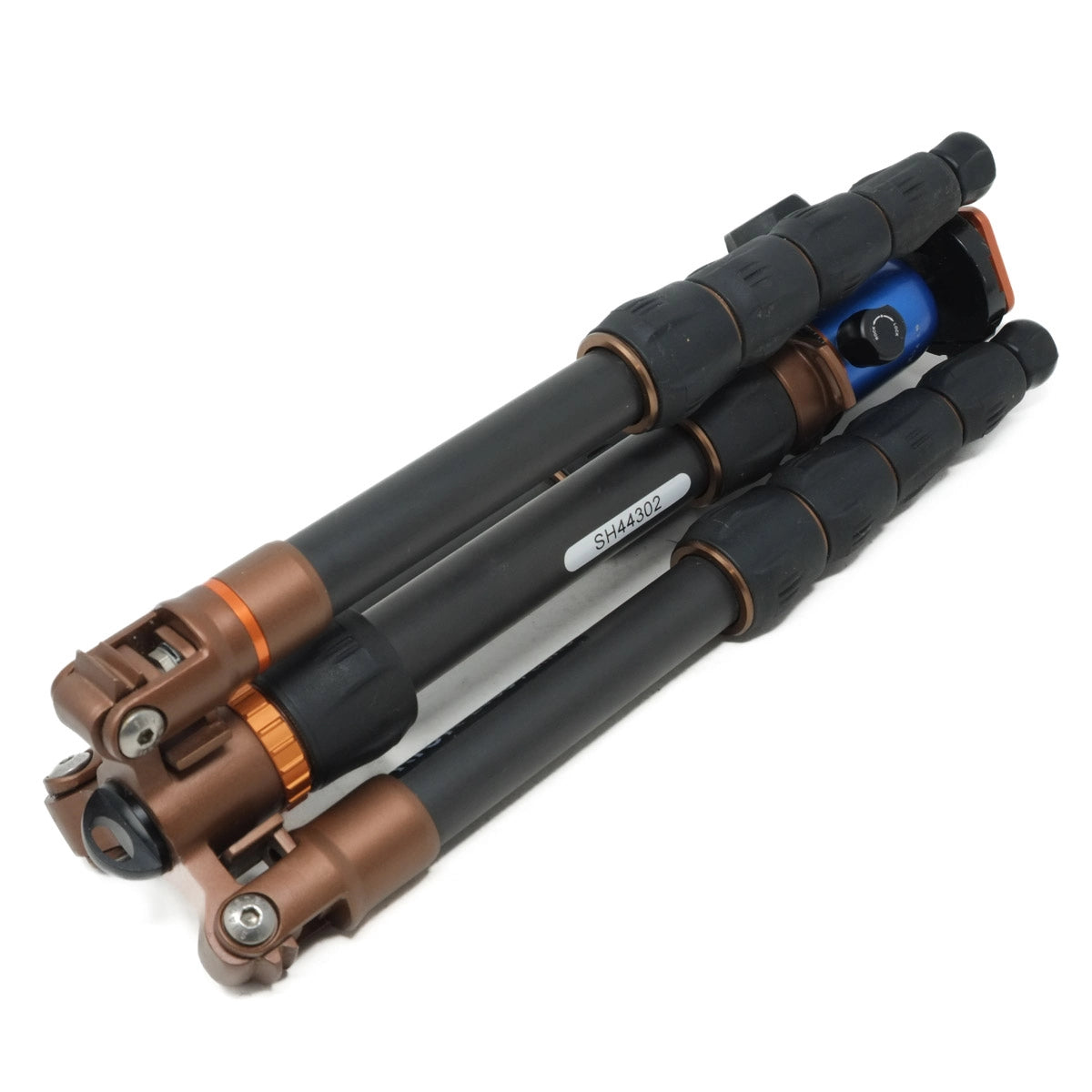 Collapsible tripod with black, brown, and orange accents on a white background