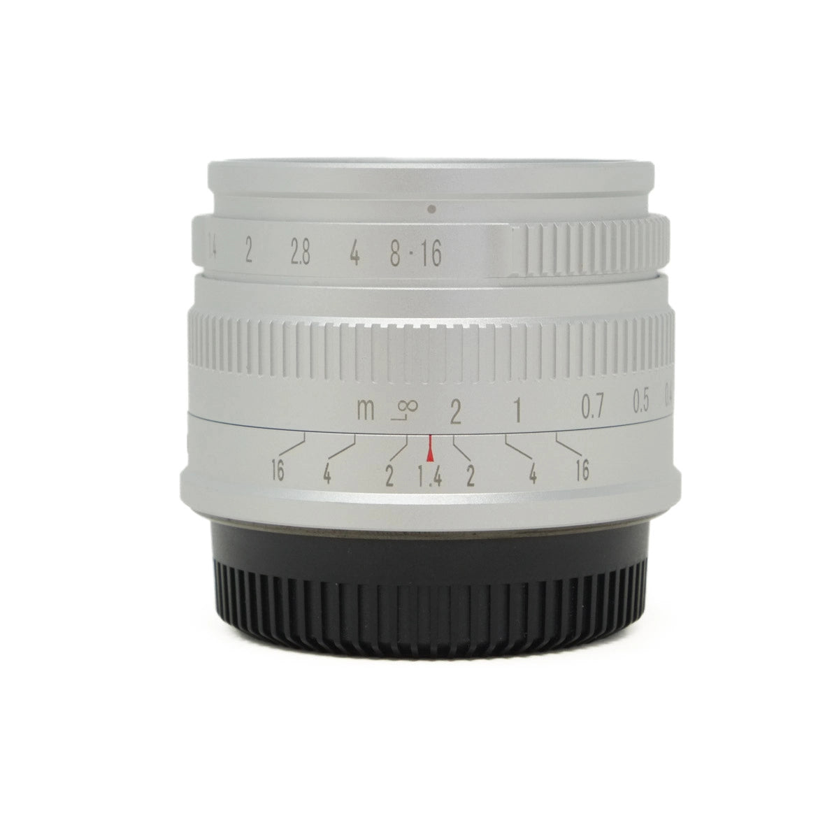 Camera lens with focus and aperture markings on a white background