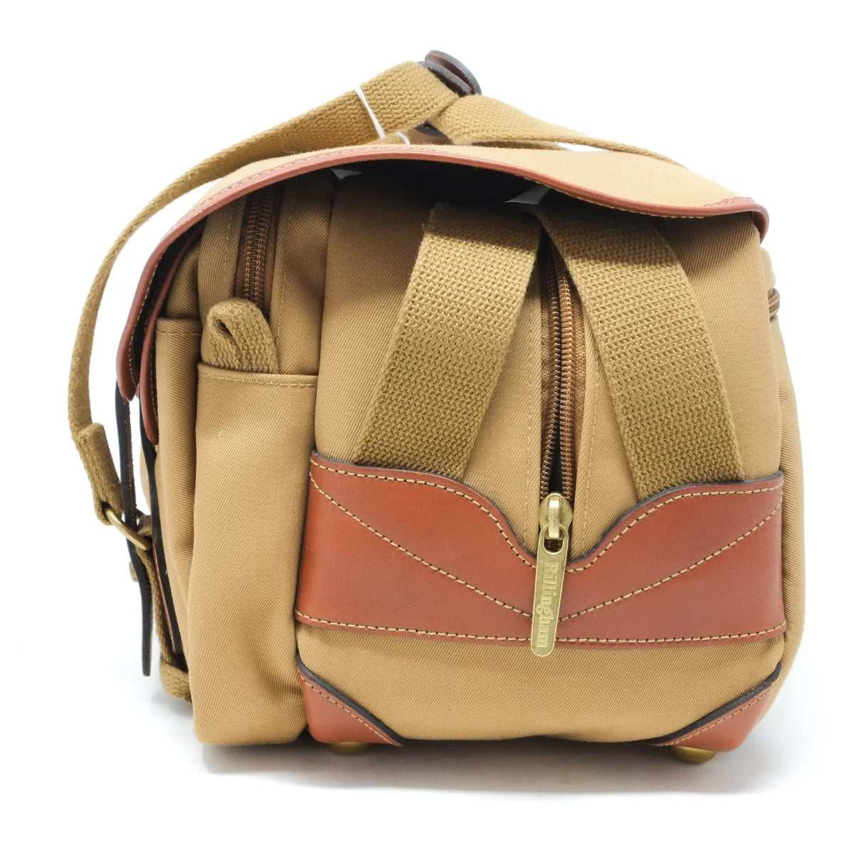 Used Billingham 225 in Khaki/Tan canvas bag - side angle 