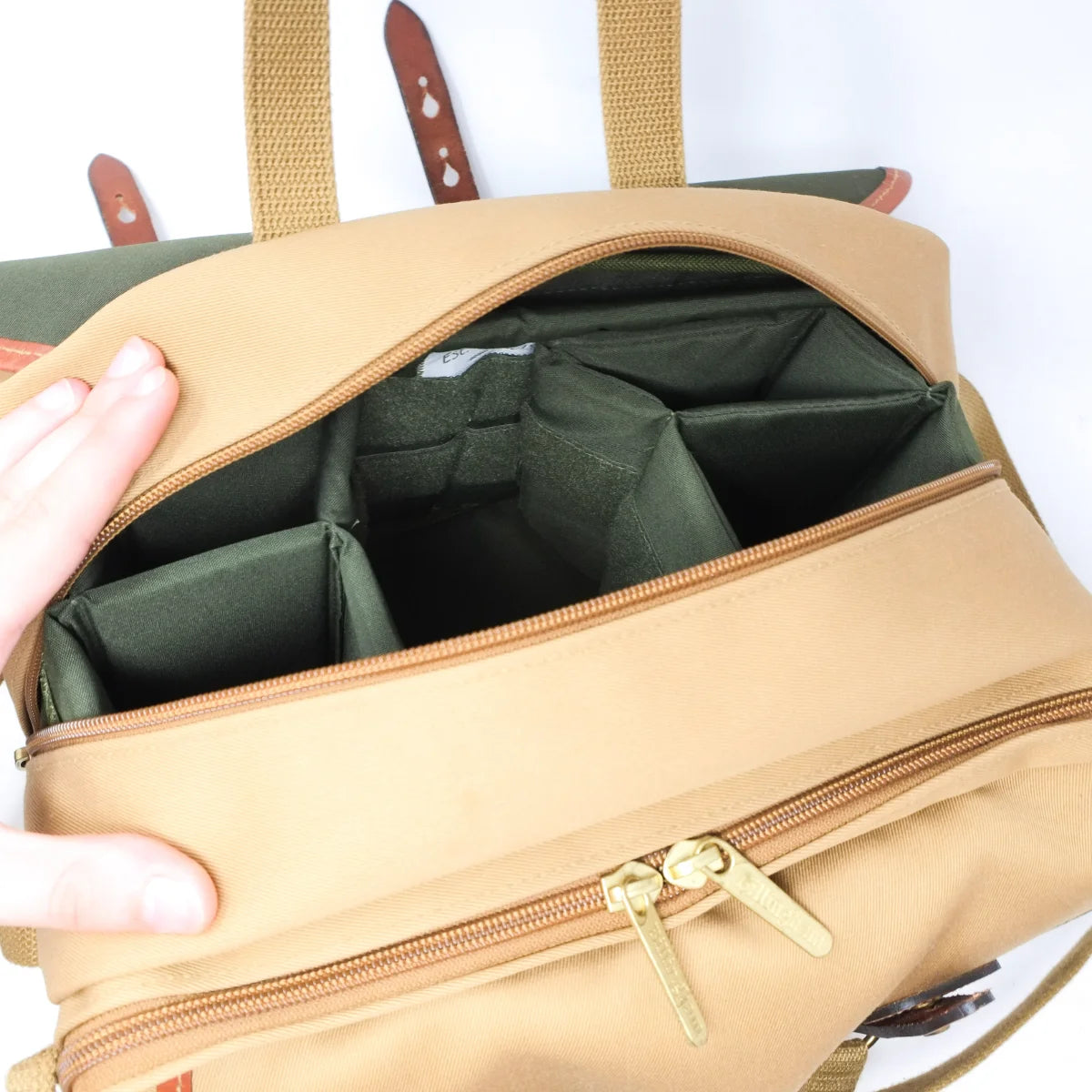Used Billingham 225 in Khaki/Tan canvas bag - top angle 