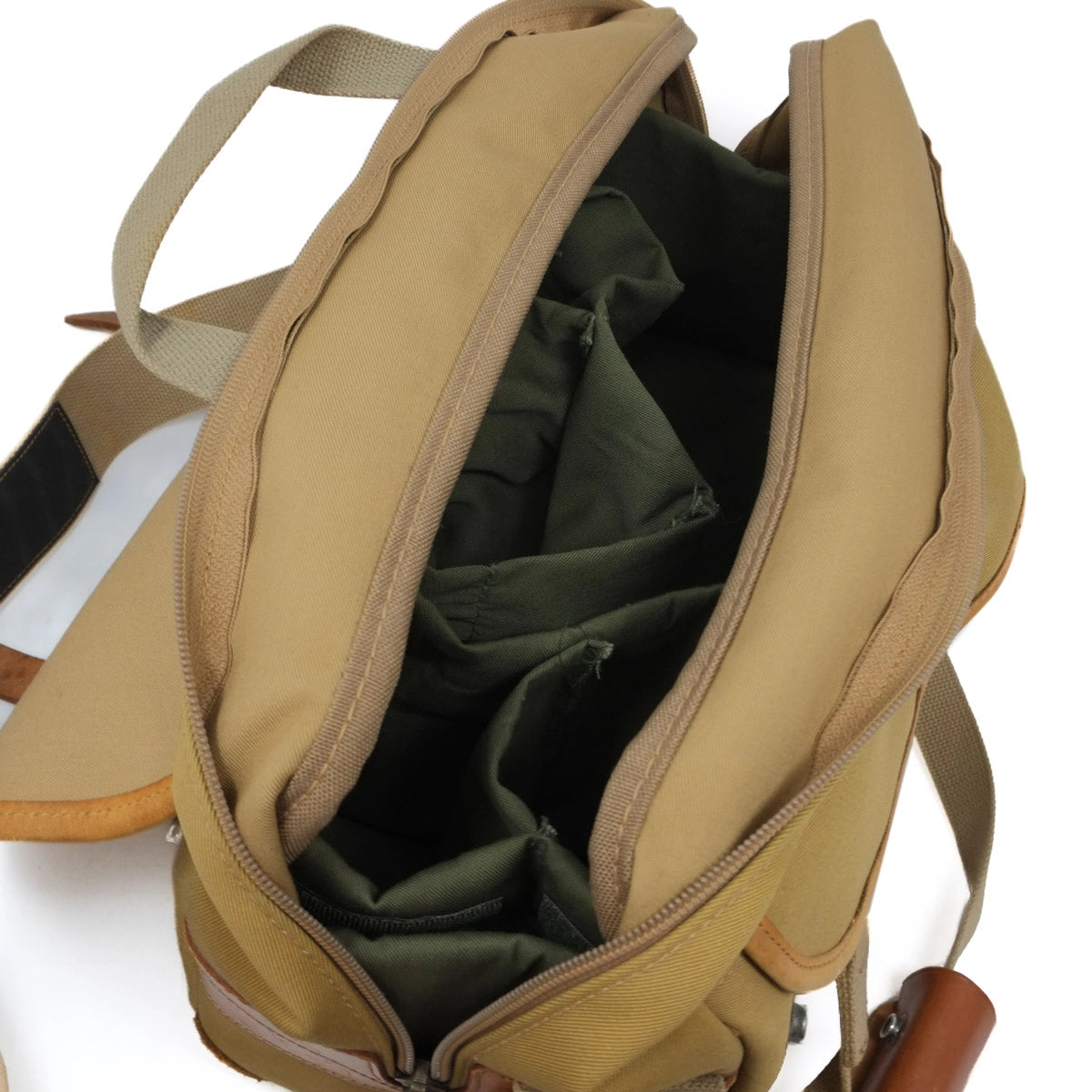 Used Billingham 335 Shoulder Camera bag in KHAKI TAN - top angle (open)