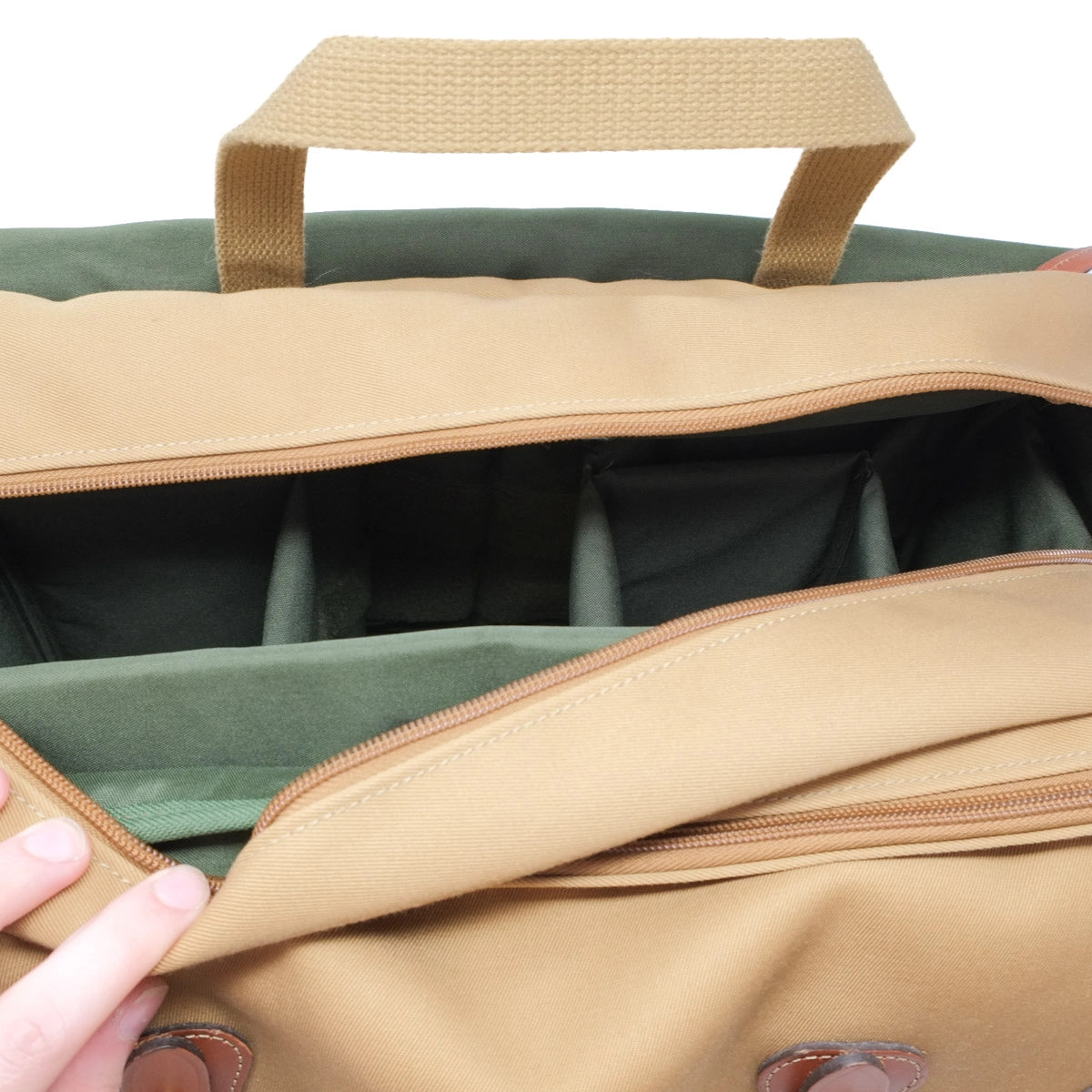 Used Billingham 445 Khaki/Tan Canvas shoulder bag Mint - top angle 