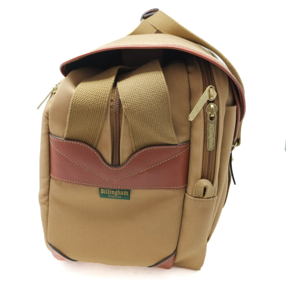 Used Billingham 555 Camera Shoulder Bag in Khaki/Tan Canvas - side angle 